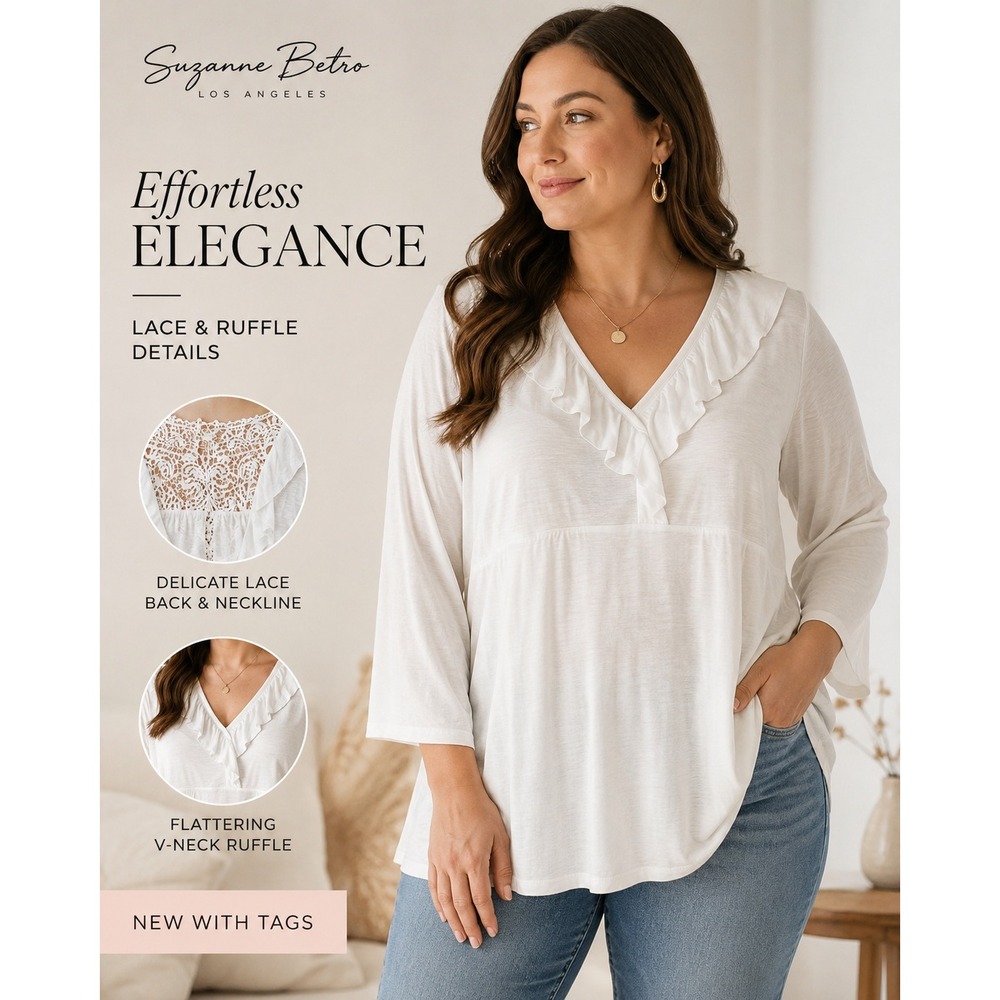 NEW Suzanne Betro Womens White Lace Trim Ruffle V Neck Long Sleeve Tunic Top 4X
